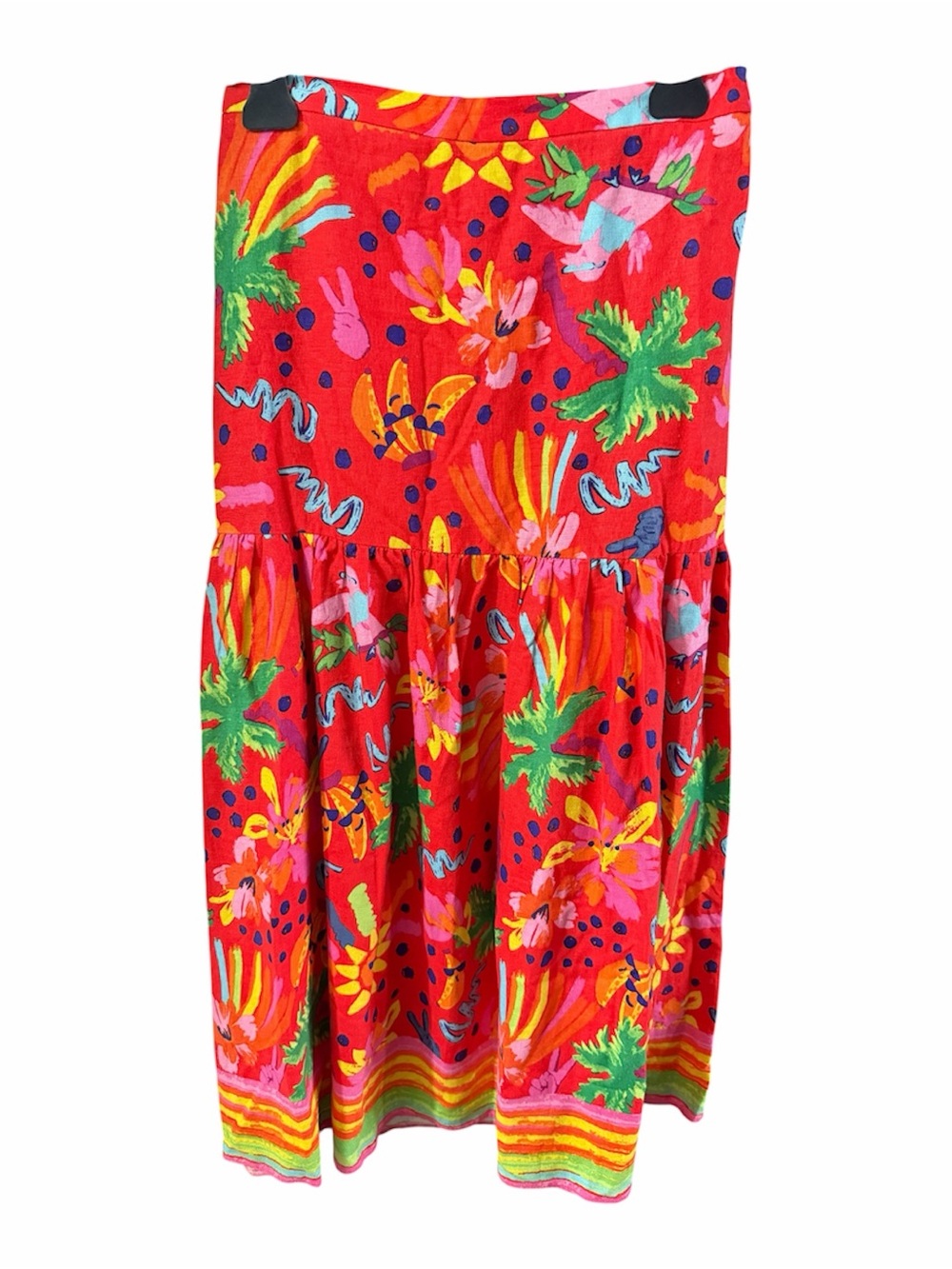 Maison D’Amelie Linen Blend Vibrant Red Tropical Print Tiered Skirt Size S